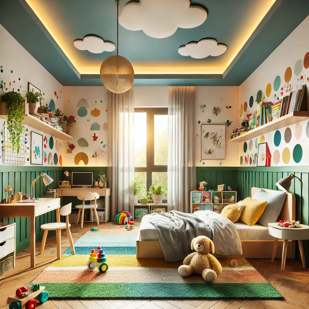 Kind spielt in Kinderzimmer mit gruener Wandfarbe