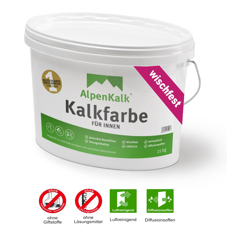 Eimer mit AlpenKalk Kalkfarbe fuer Innen inklusive aller wichtigen Vorteile