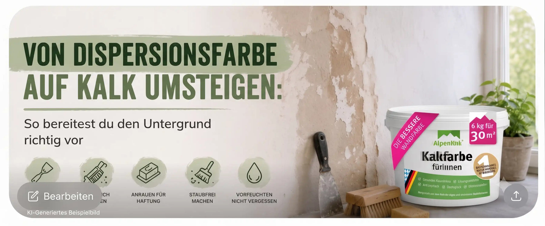 Wand mit abblätternder Dispersionsfarbe als Untergrund für AlpenKalk Kalkfarbe INNEN – Anleitung: Altputz abkratzen, Untergrund anrauen, staubfrei machen, vorfeuchten