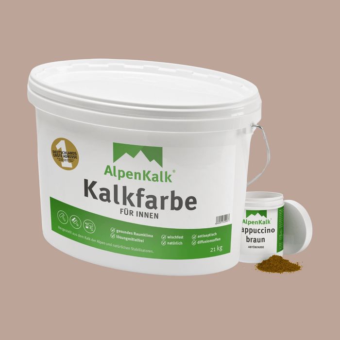 Bundle Alpenkalk Kalkfarbe fuer Innen 21kg mit Pigment Abtoenfarbe Cappuccino-Braun