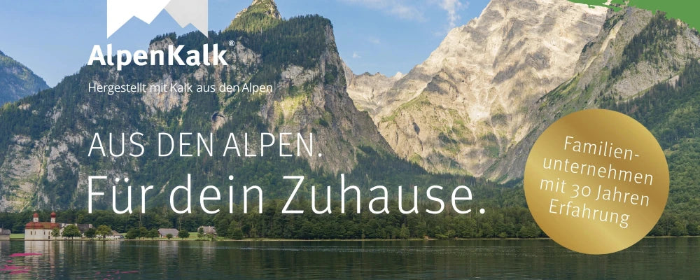 AlpenKalk Kalkfarben aus den Alpen: Königssee-Panorama als Symbol für natürliche Rohstoffe vom deutschen Familienunternehmen seit 30 Jahren